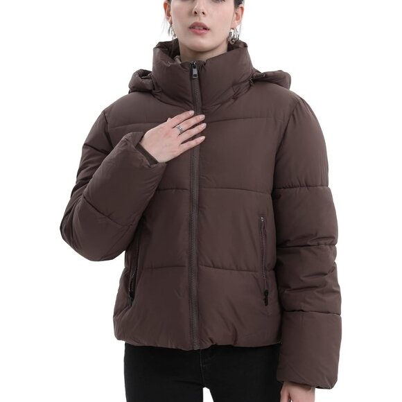 Women's Cropped Puffer Jackets Warm Winter Jacket with Removable Coat Brown - Picture 2 of 6